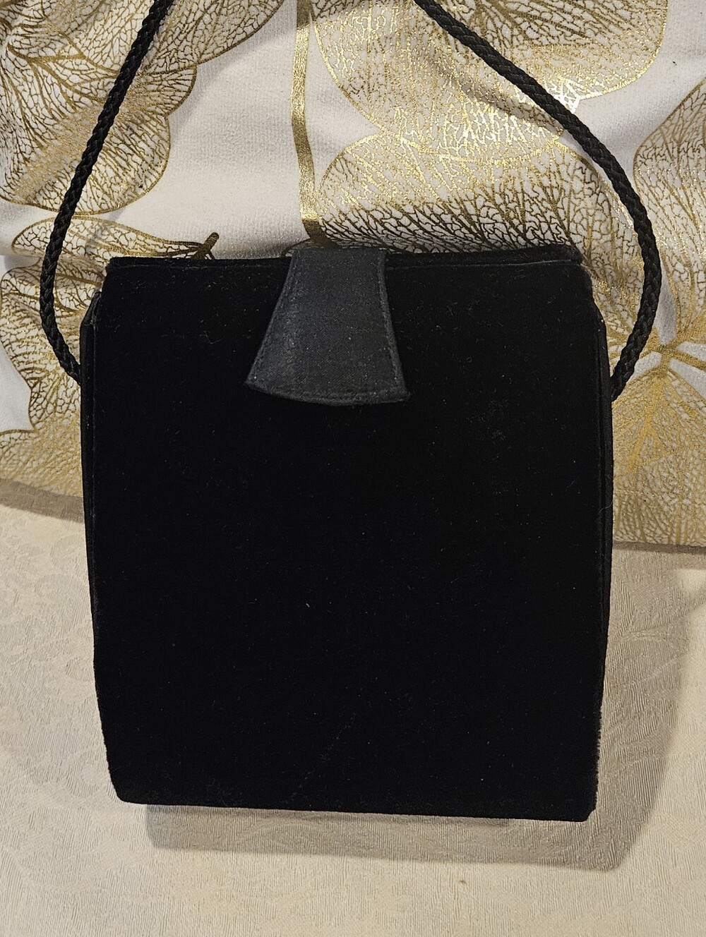 Vintage Black Velvet Boxy Evening Bag Crossbody Clutch Rope Cord Strap